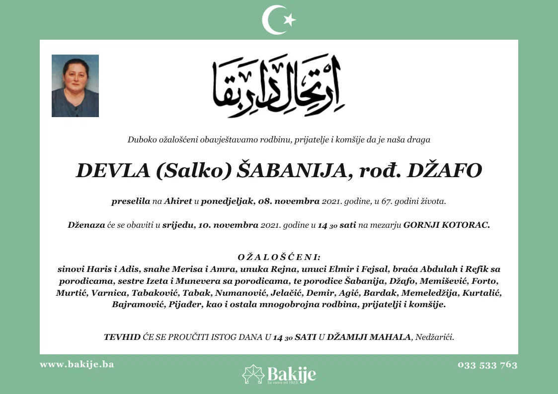 Smrtovnica — Devla (Salko) Šabanija, rođ. Džafo
