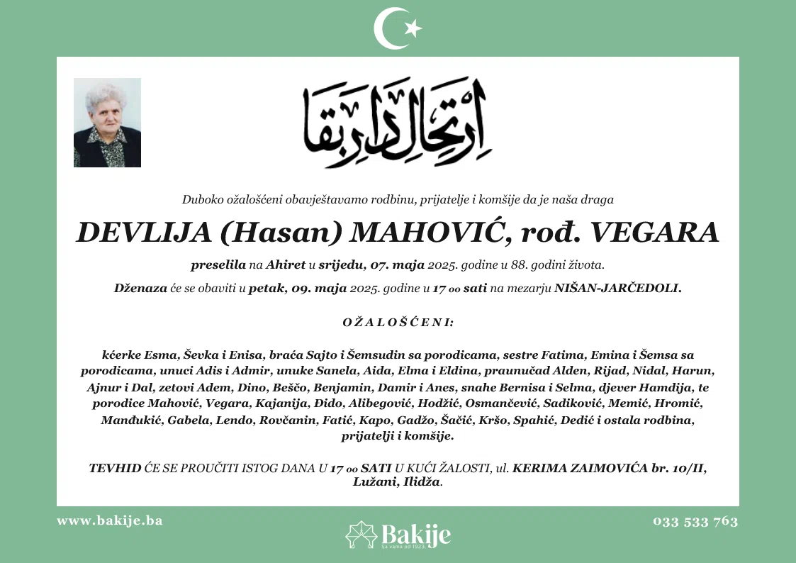 Smrtovnica — Devlija (Hasan) Mahović, rođ. Vegara