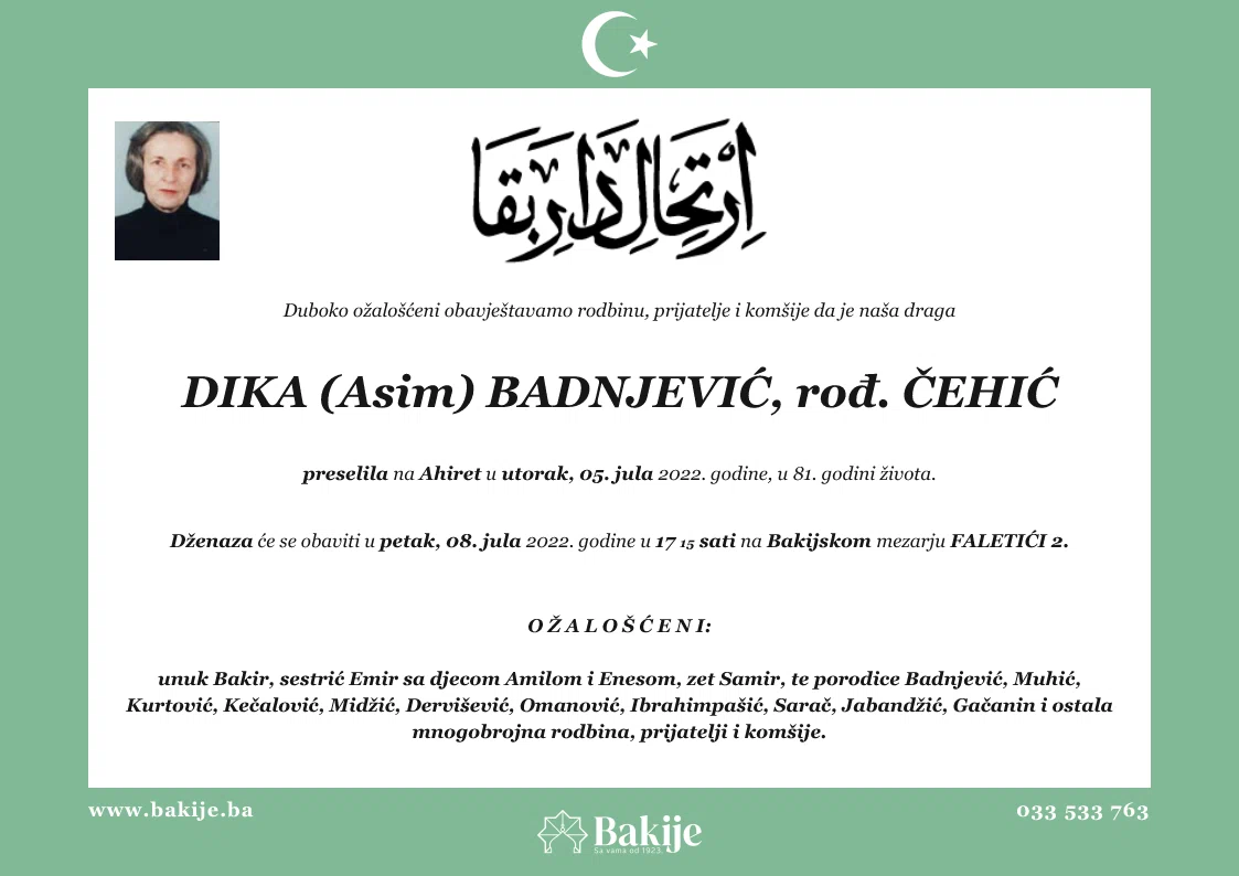 Smrtovnica — Dika (Asim) Badnjević, rođ. Čehić