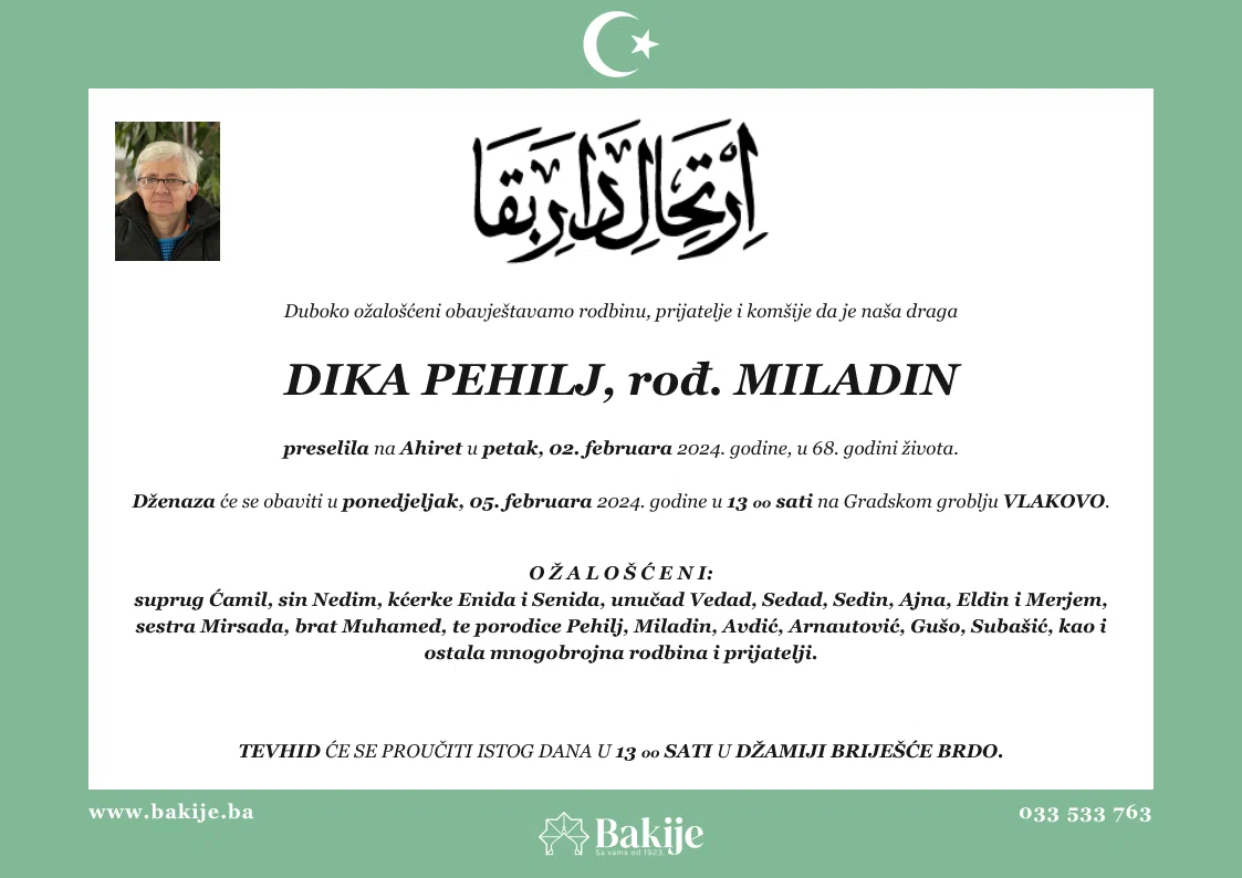 Smrtovnica — Dika Pehilj, rođ. Miladin