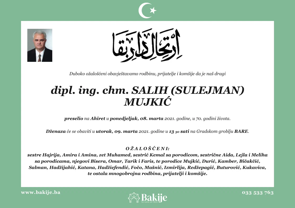 Smrtovnica — Dipl. Ing. Chm. Salih (Sulejman) Mujkić