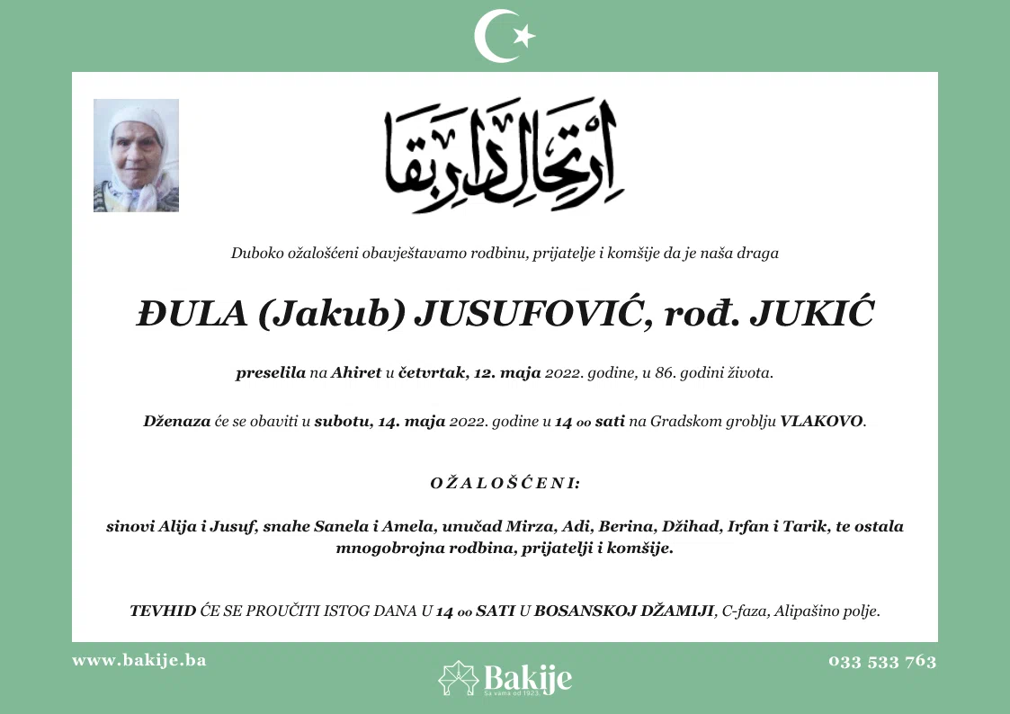 Smrtovnica — Đula (Jakub) Jusufović, rođ. Jukić