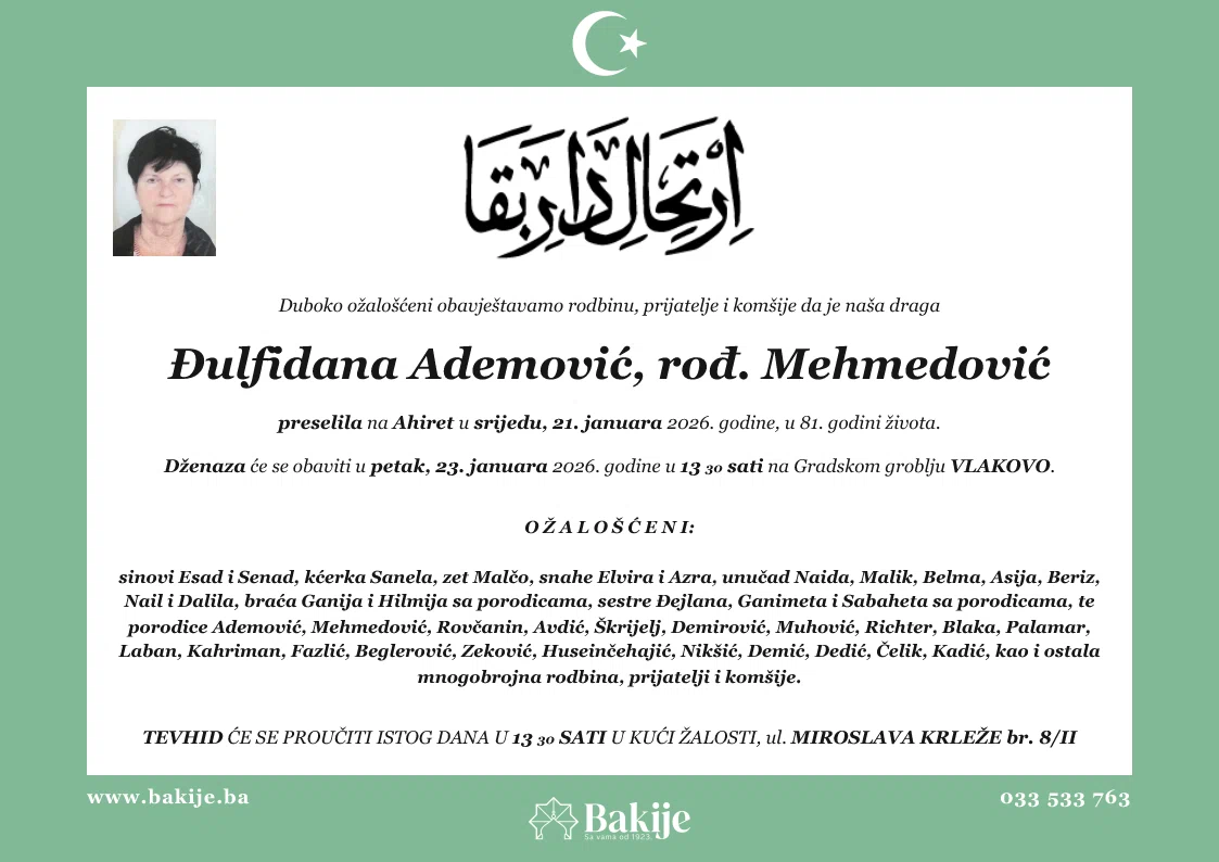 Smrtovnica — Đulfidana Ademović, rođ. Mehmedović