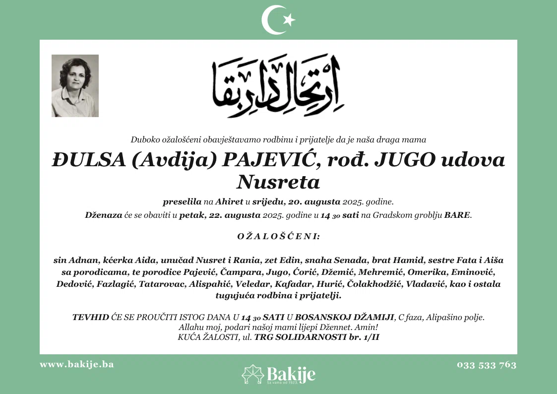 Smrtovnica — Đulsa (Avdija) Pajević, rođ. Jugo Udova Nusreta