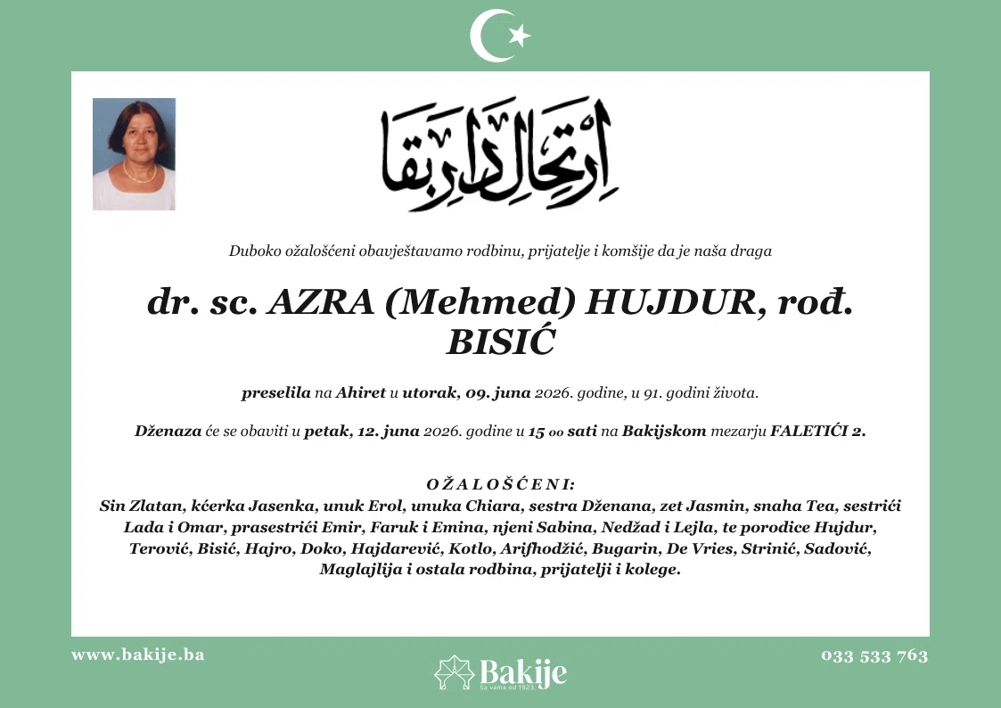Smrtovnica — Dr. Sc. Azra (Mehmed) Hujdur, rođ. Bisić