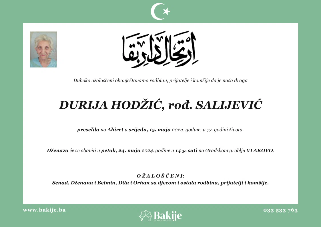 Smrtovnica — Durija Hodžić, rođ. Salijević