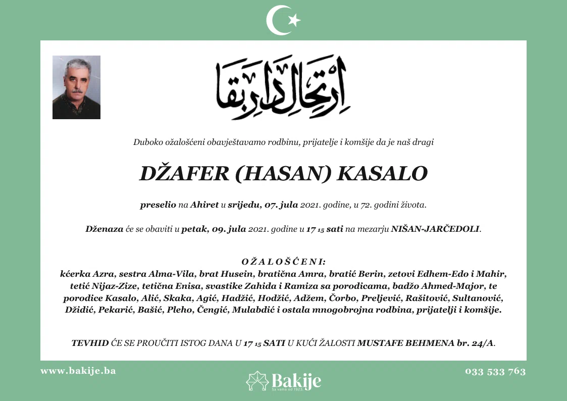 Smrtovnica — Džafer (Hasan) Kasalo