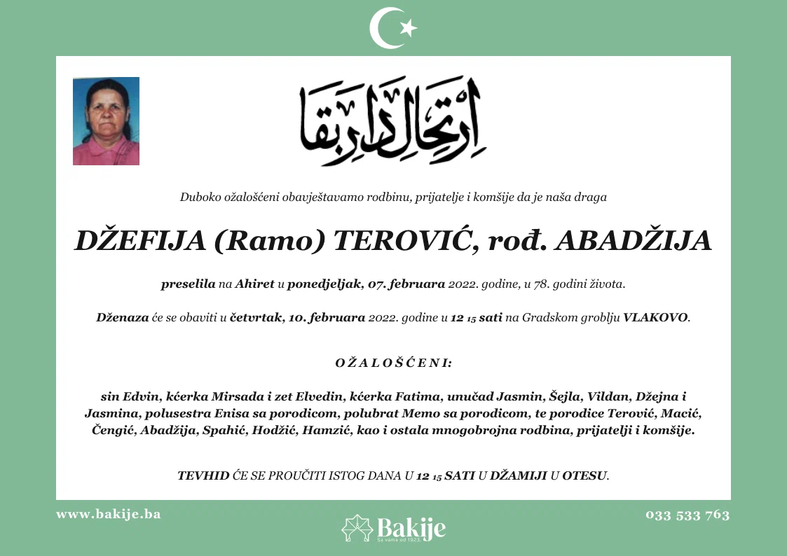 Smrtovnica — Džefija (Ramo) Terović, rođ. Abadžija