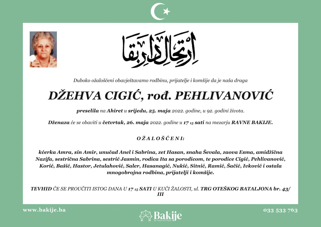 Smrtovnica — Džehva Cigić, rođ. Pehlivanović