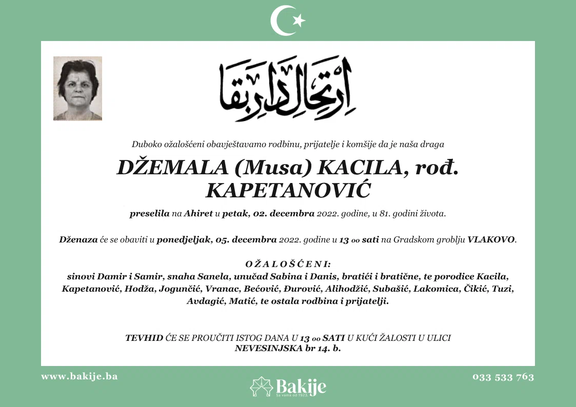 Smrtovnica — Džemala (Musa) Kacila, rođ. Kapetanović