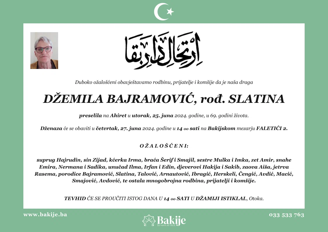 Smrtovnica — Džemila Bajramović, rođ. Slatina