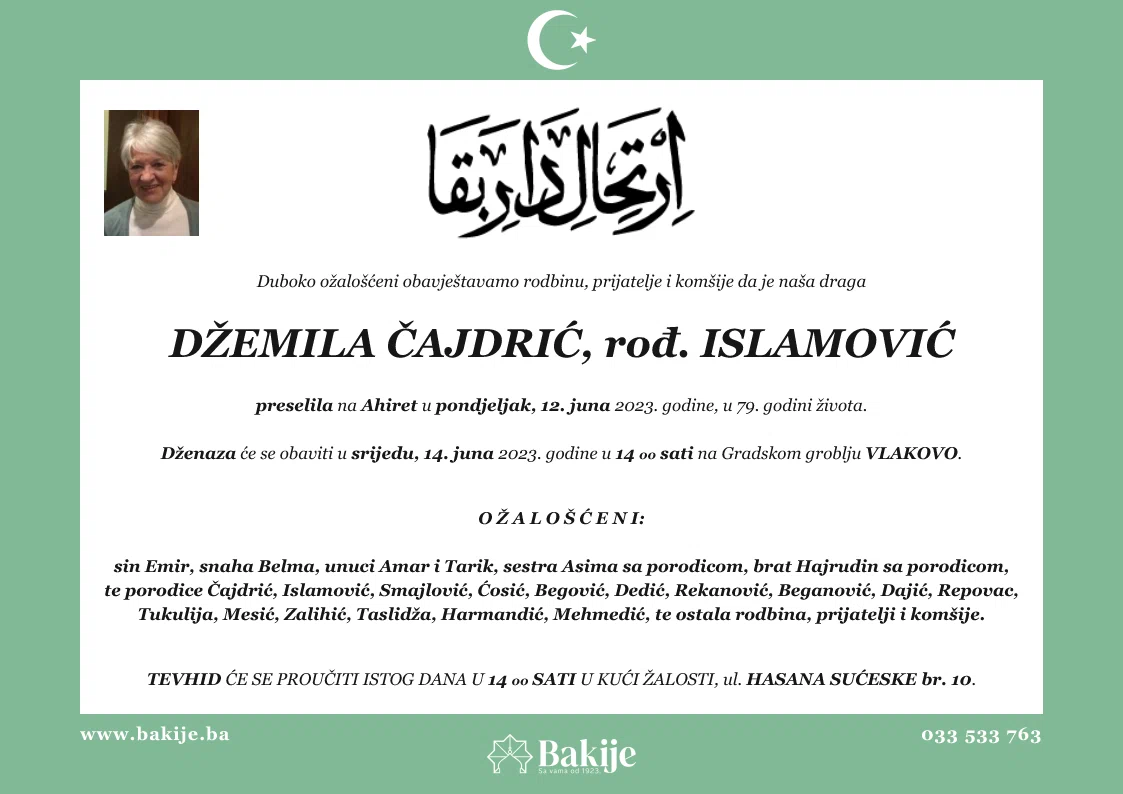 Smrtovnica — Džemila Čajdrić, rođ. Islamović