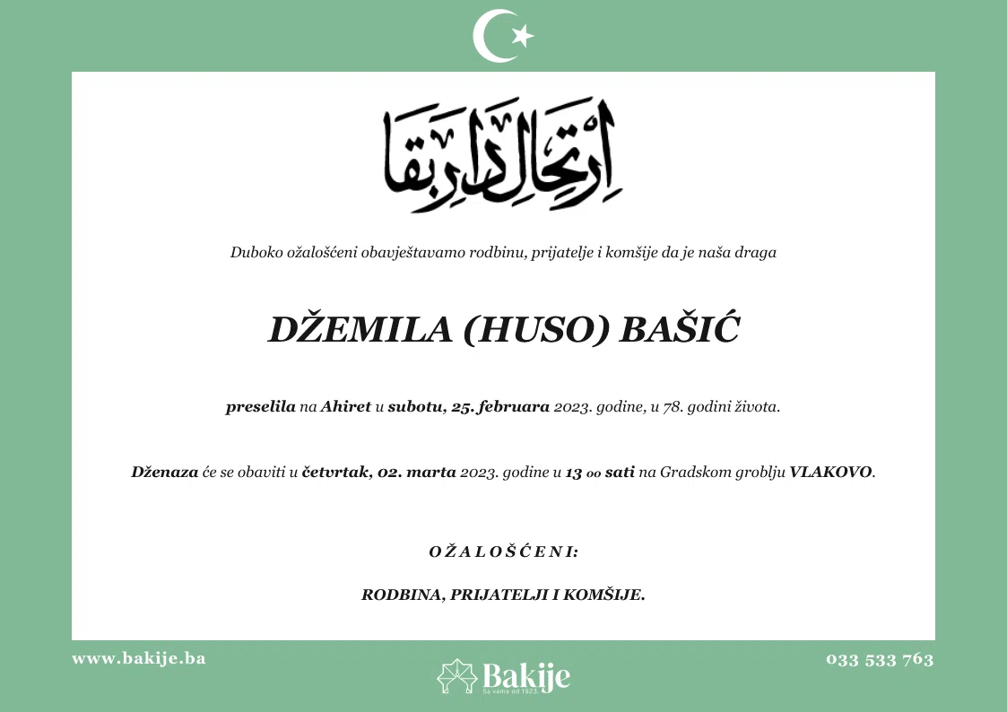 Smrtovnica — Džemila (Huso) Bašić