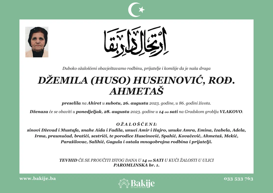 Smrtovnica — Džemila (Huso) Huseinović, rođ. Ahmetaš