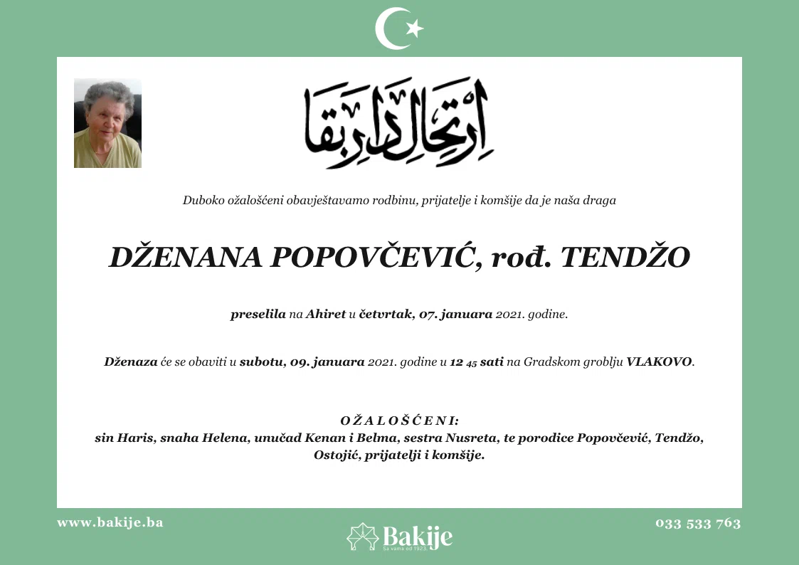 Smrtovnica — Dženana Popovčević, rođ. Tendžo