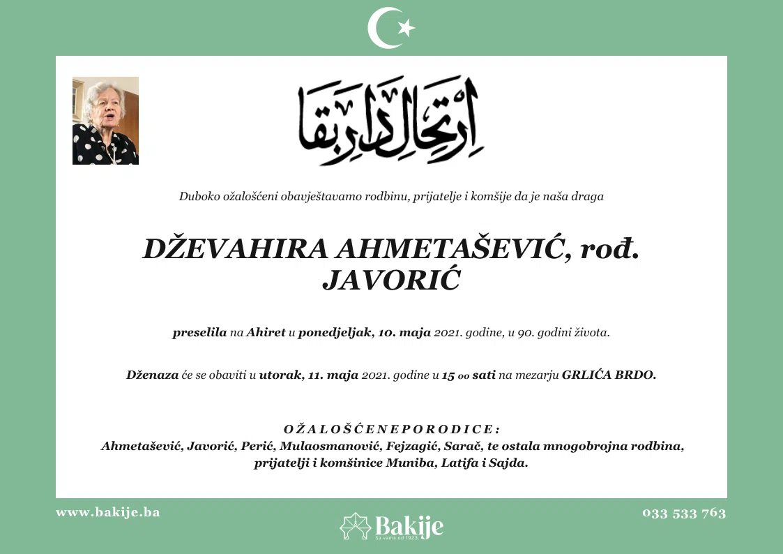 Smrtovnica — Dževahira Ahmetašević, rođ. Javorić