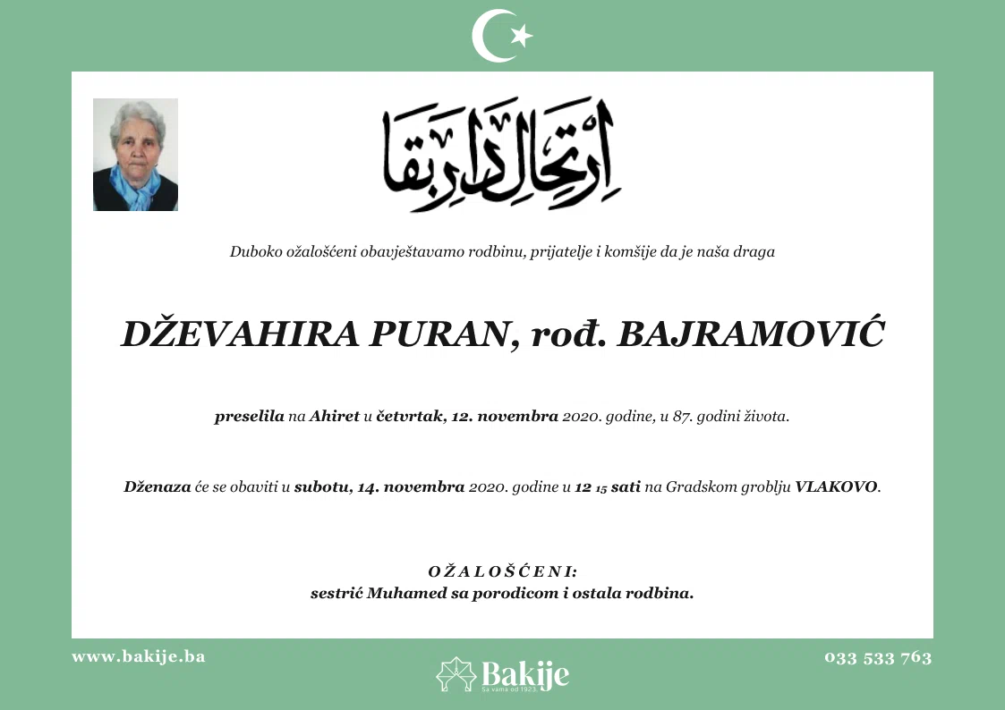 Smrtovnica — Dževahira Puran, rođ. Bajramović