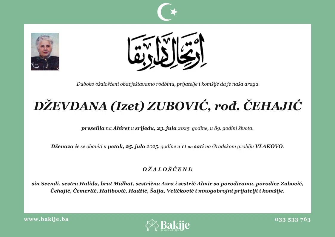 Smrtovnica — Dževdana (Izet) Zubović, rođ. Čehajić