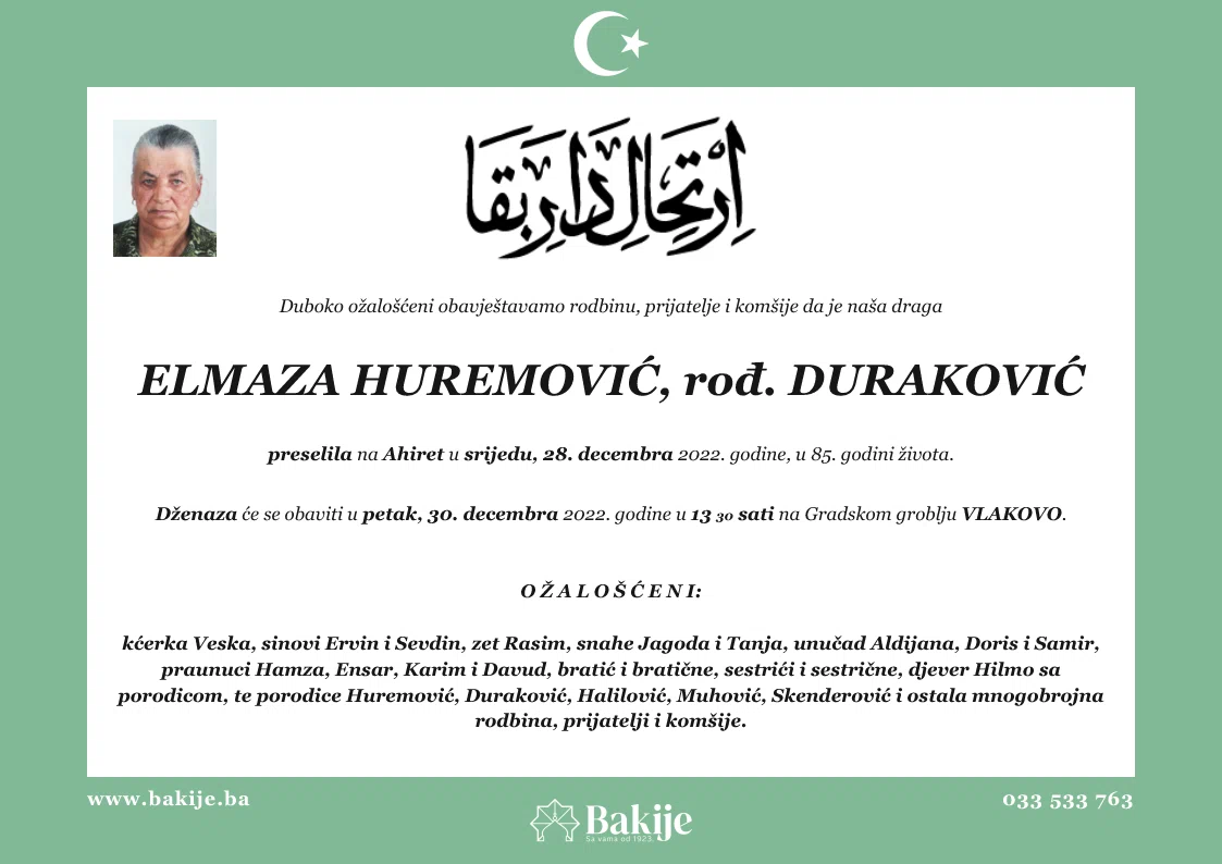 Smrtovnica — Elmaza Huremović, rođ. Duraković