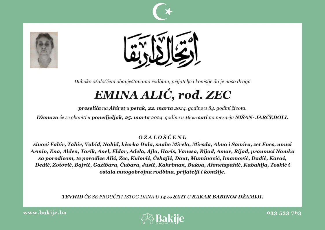 Smrtovnica — Emina Alić, rođ. Zec