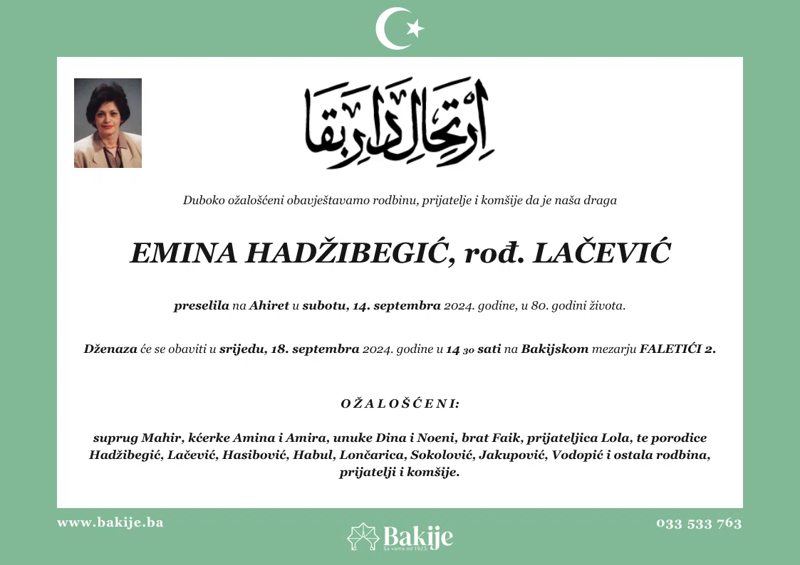 Smrtovnica — Emina Hadžibegić, rođ. Lačević