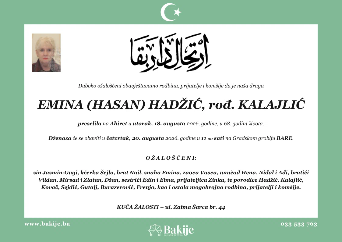 Smrtovnica — Emina (Hasan) Hadžić, rođ. Kalajlić