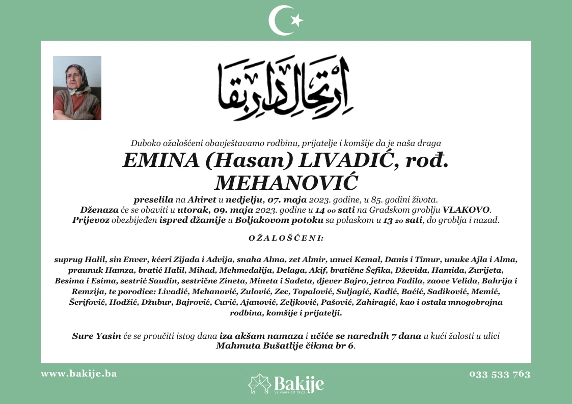 Smrtovnica — Emina (Hasan) Livadić, rođ. Mehanović