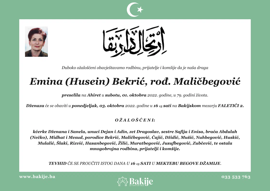 Smrtovnica — Emina (Husein) Bekrić, rođ. Maličbegović