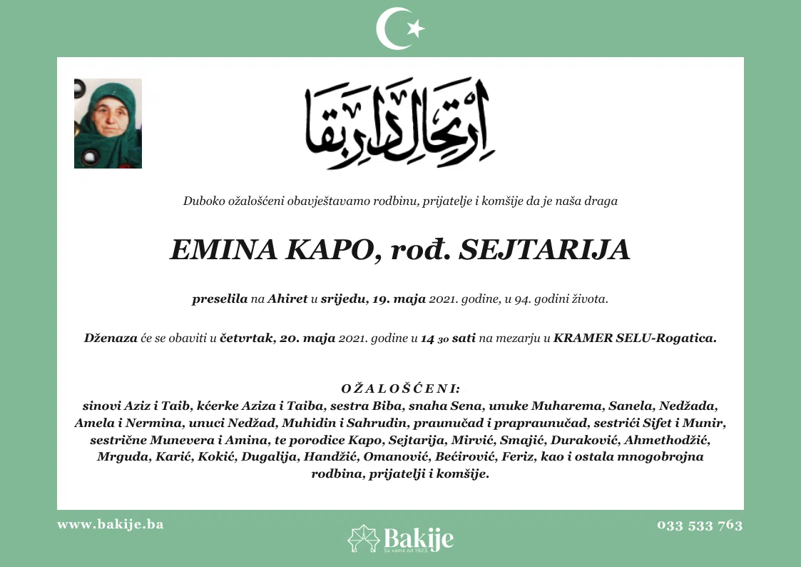 Smrtovnica — Emina Kapo, rođ. Sejtarija