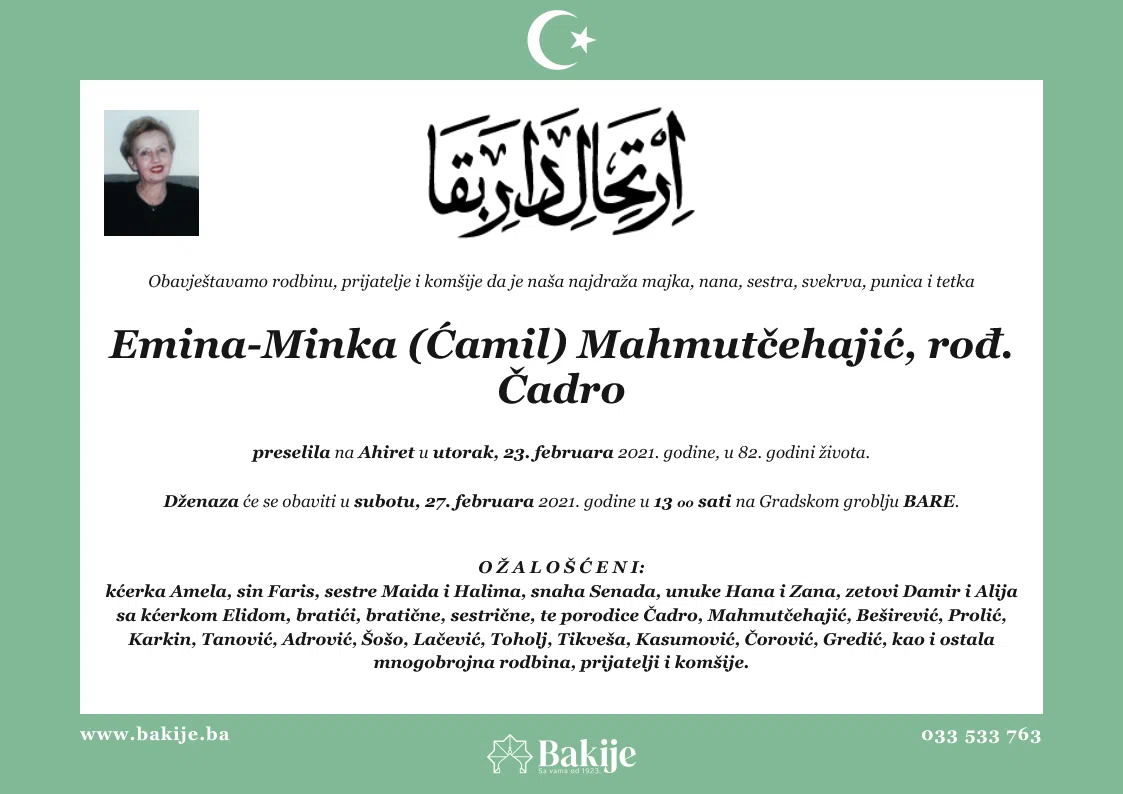 Smrtovnica — Emina-Minka (Ćamil) Mahmutčehajić, rođ. Čadro