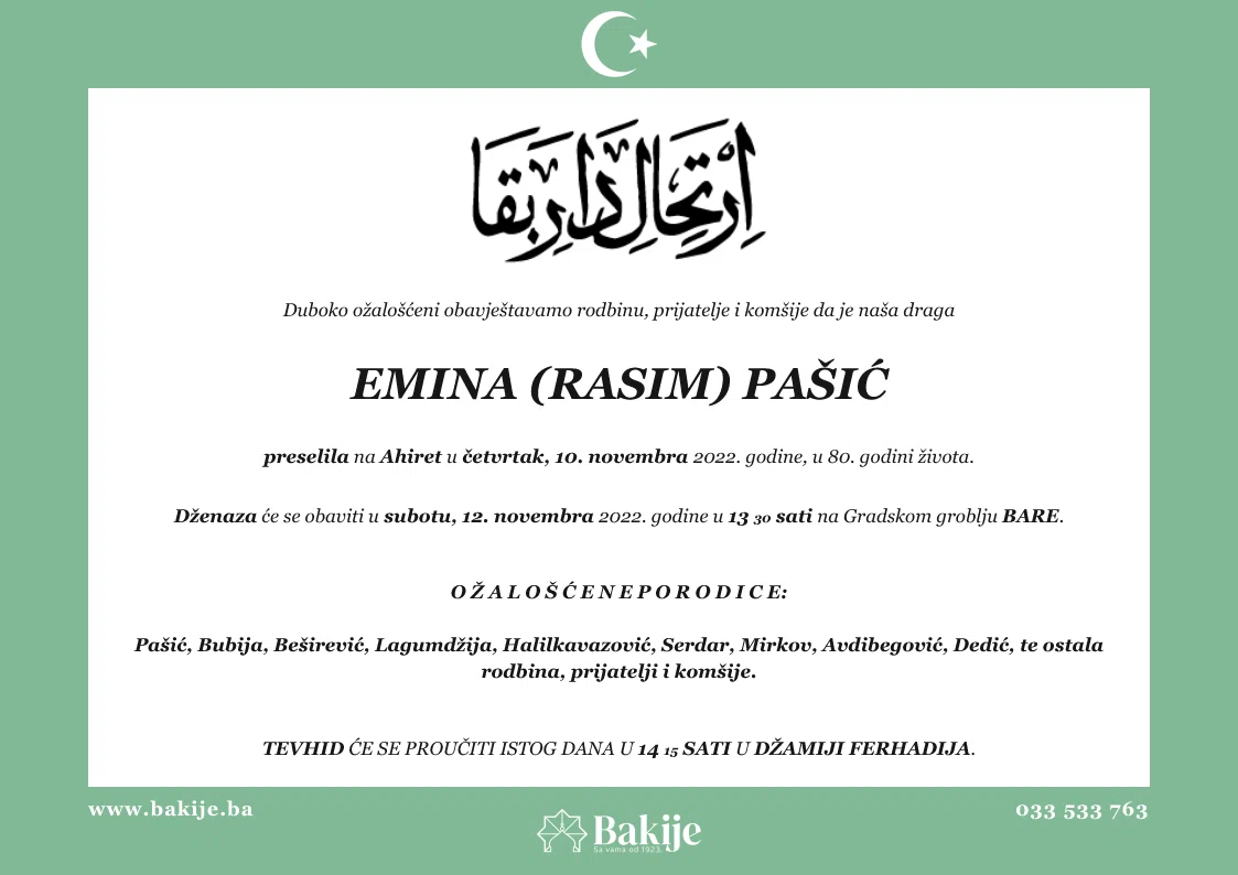 Smrtovnica — Emina (Rasim) Pašić