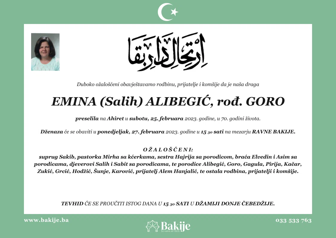 Smrtovnica — Emina (Salih) Alibegić, rođ. Goro