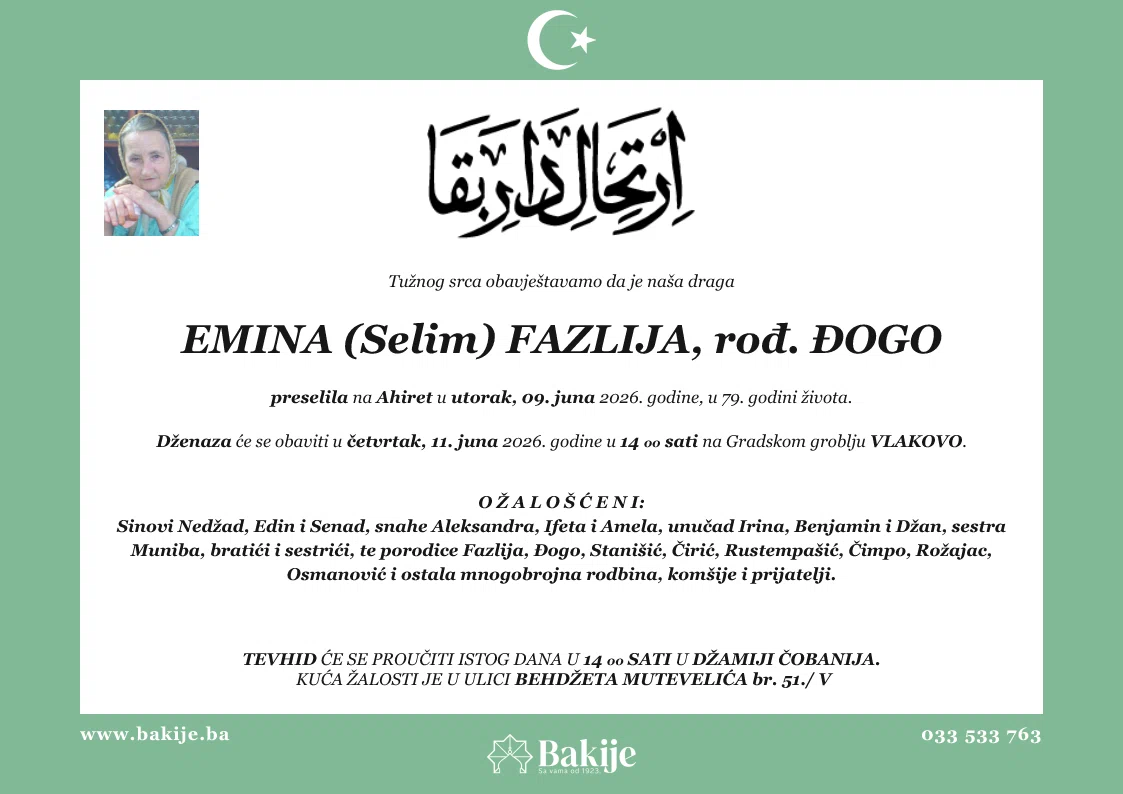 Smrtovnica — Emina (Selim) Fazlija, rođ. Đogo
