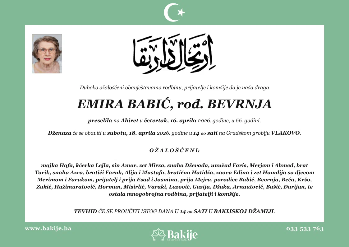Smrtovnica — Emira Babić, rođ. Bevrnja