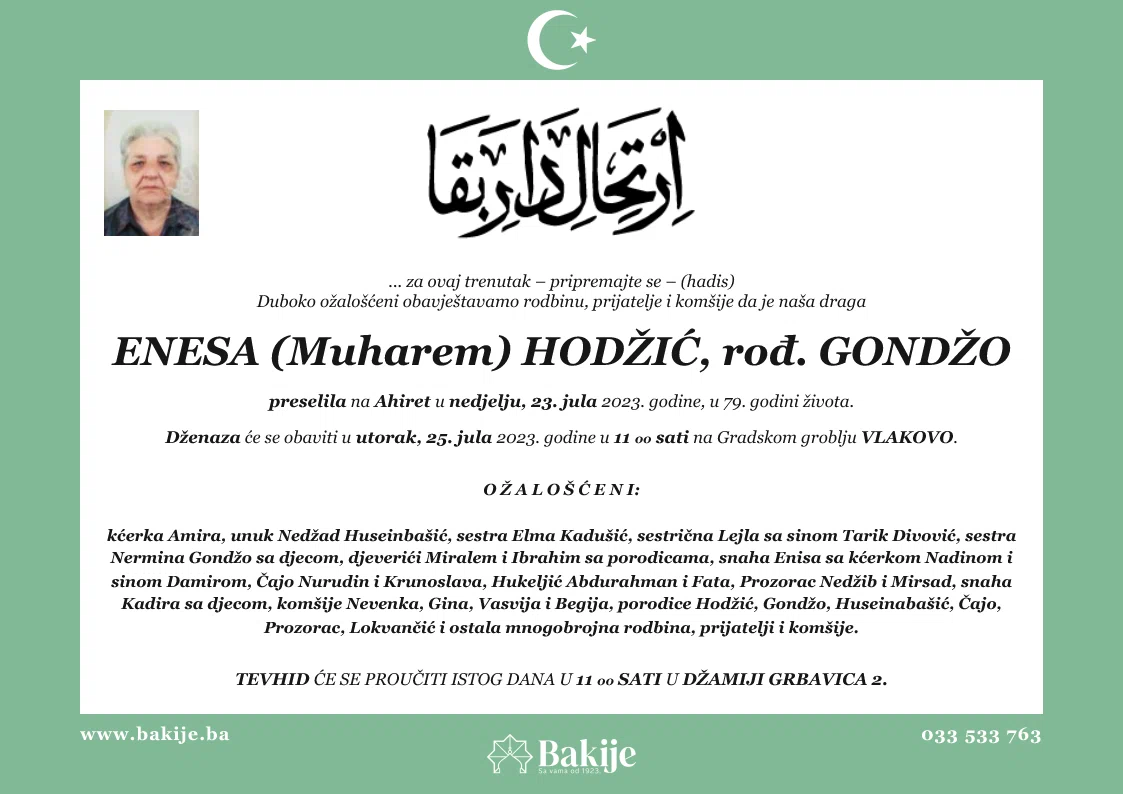 Smrtovnica — Enesa (Muharem) Hodžić, rođ. Gondžo