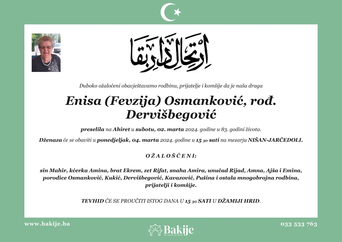 Smrtovnica — Enisa (Fevzija) Osmanković, rođ. Dervišbegović