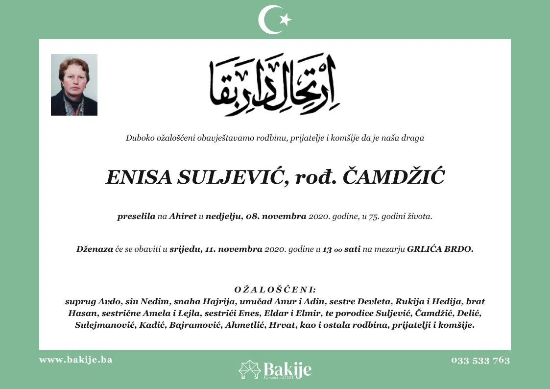 Smrtovnica — Enisa Suljević, rođ. Čamdžić