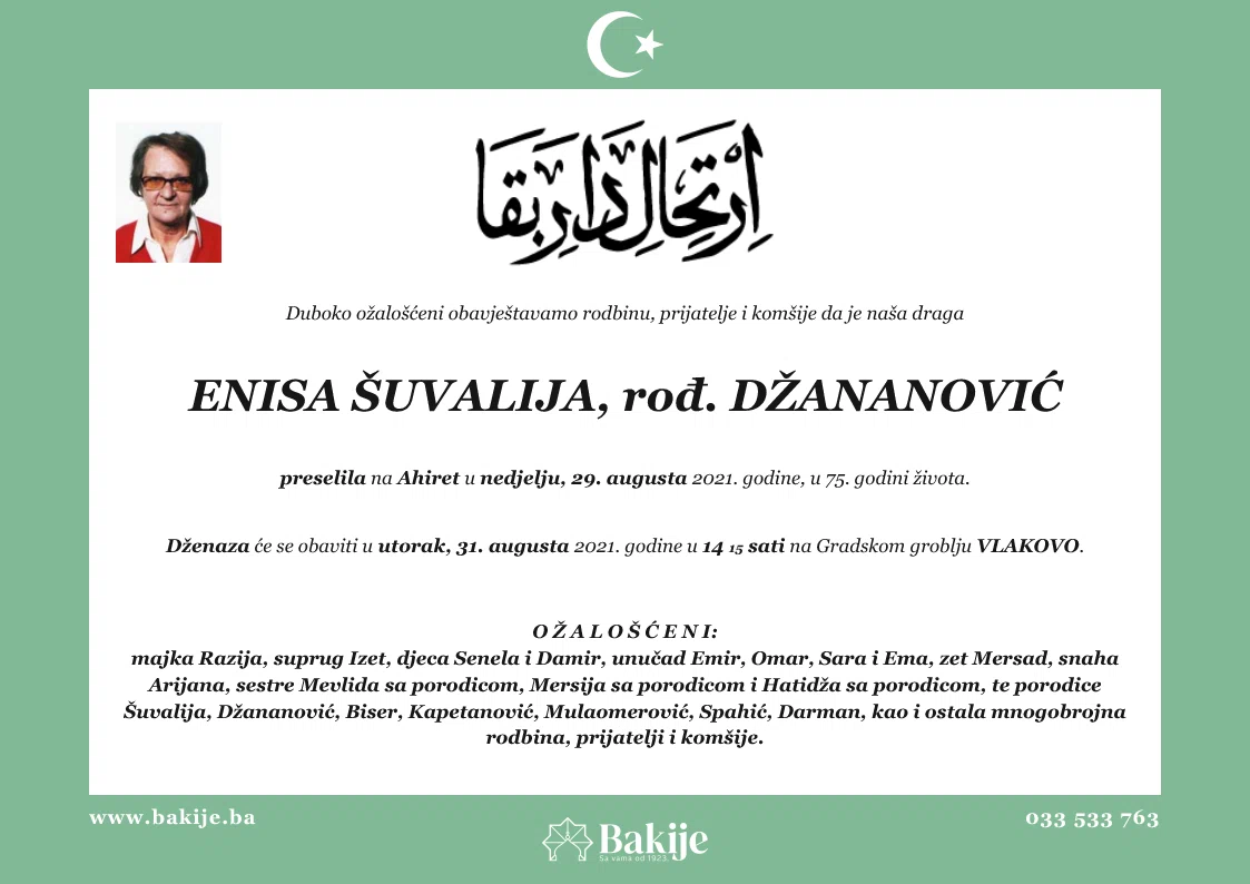 Smrtovnica — Enisa Šuvalija, rođ. Džananović
