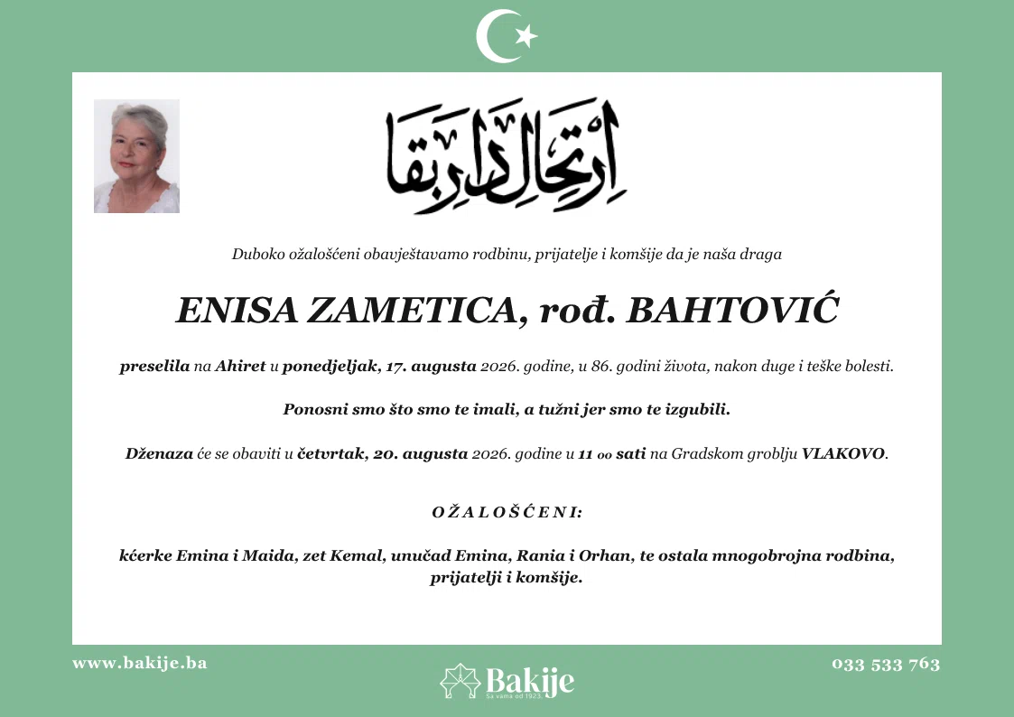 Smrtovnica — Enisa Zametica, rođ. Bahtović