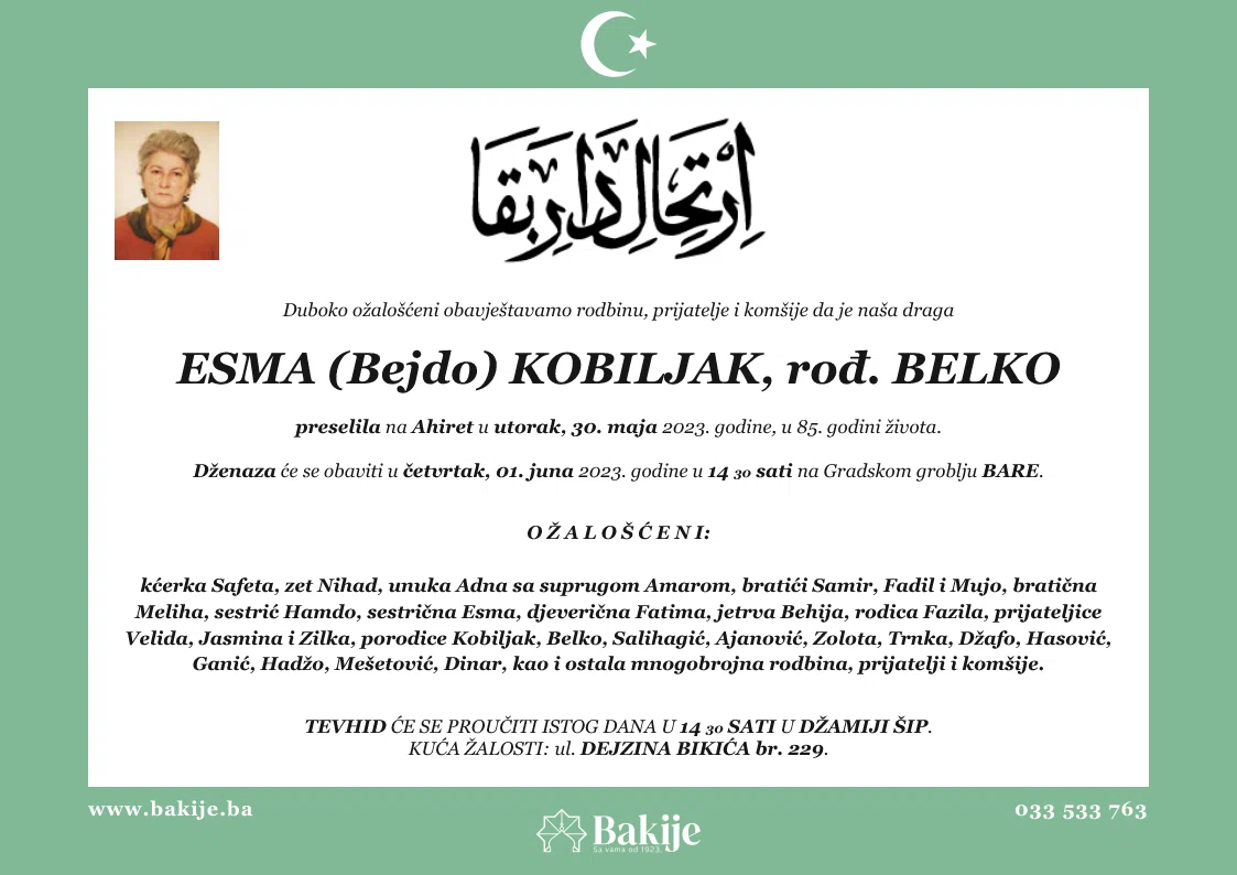 Smrtovnica — Esma (Bejdo) Kobiljak, rođ. Belko