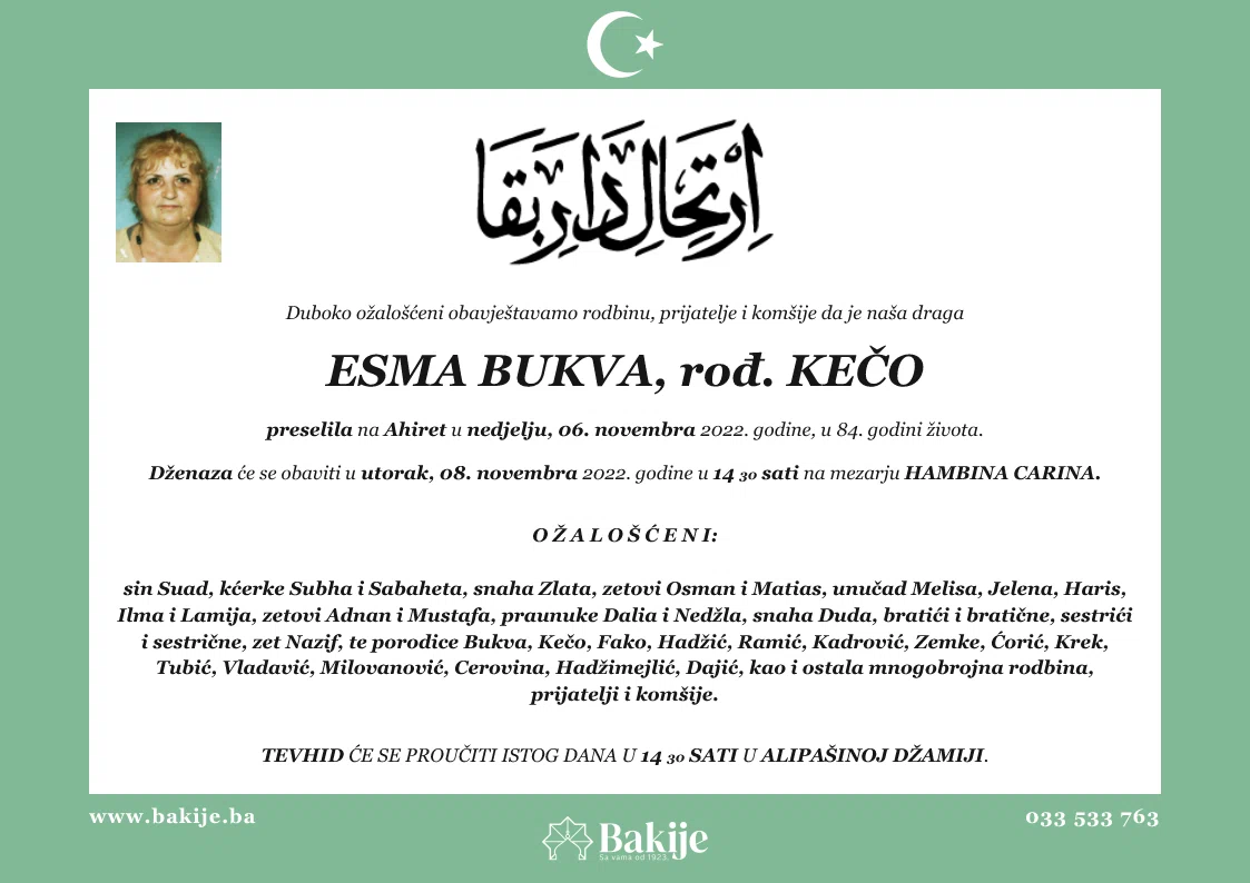 Smrtovnica — Esma Bukva, rođ. Kečo