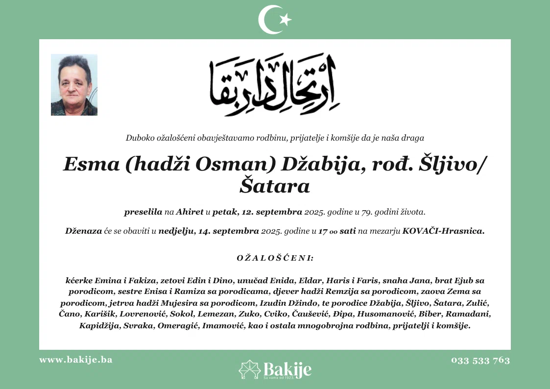 Smrtovnica — Esma (Hadži Osman) Džabija, rođ. Šljivo/šatara