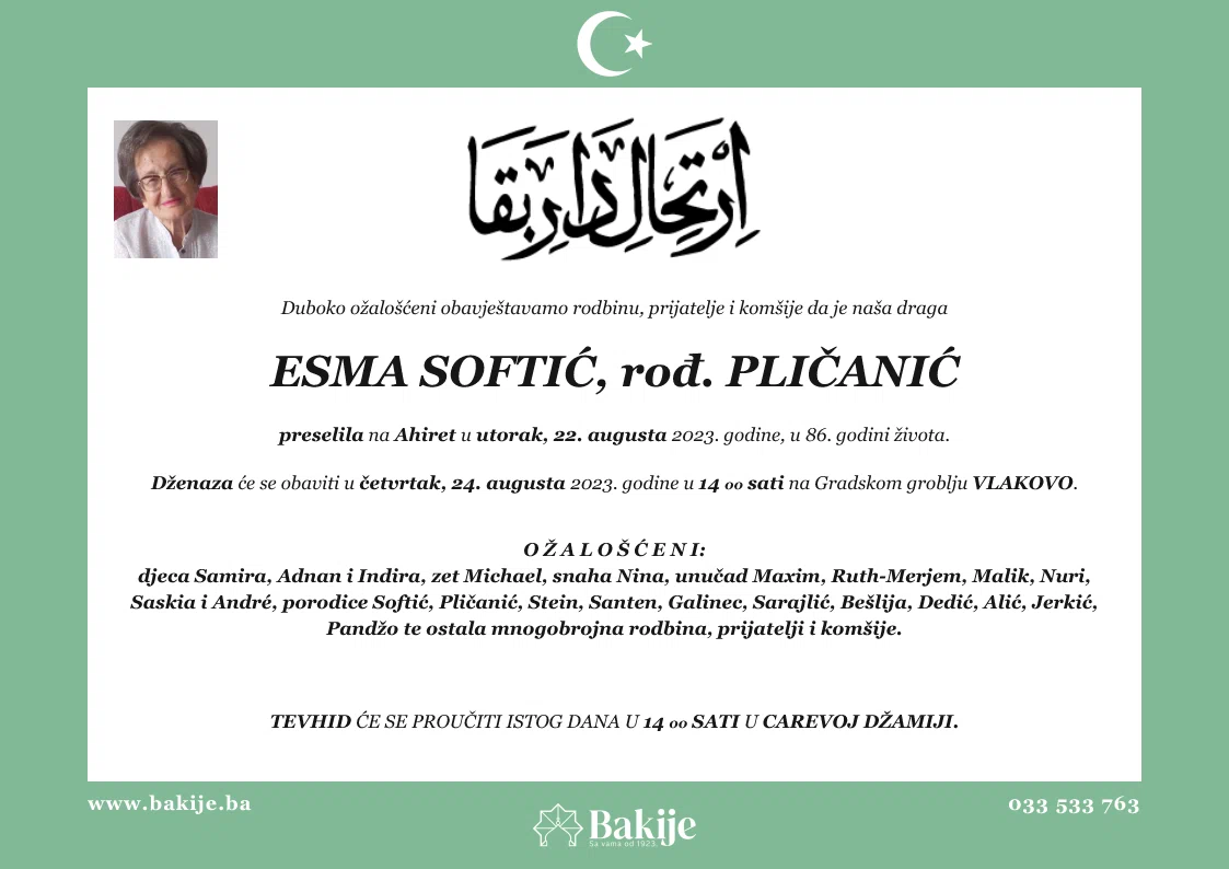 Smrtovnica — Esma Softić, rođ. Pličanić