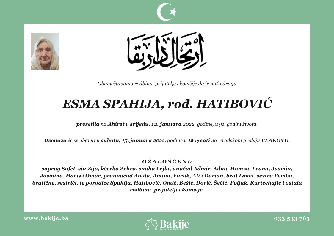 Smrtovnica — Esma Spahija, rođ. Hatibović