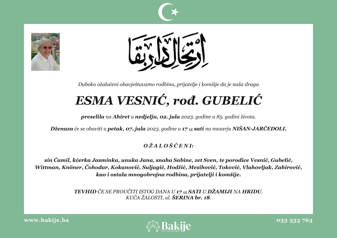Smrtovnica — Esma Vesnić, rođ. Gubelić