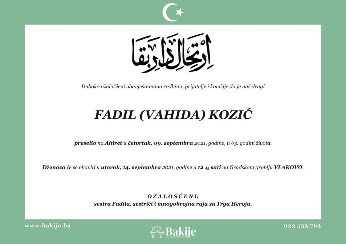 Smrtovnica — Fadil (Vahida) Kozić