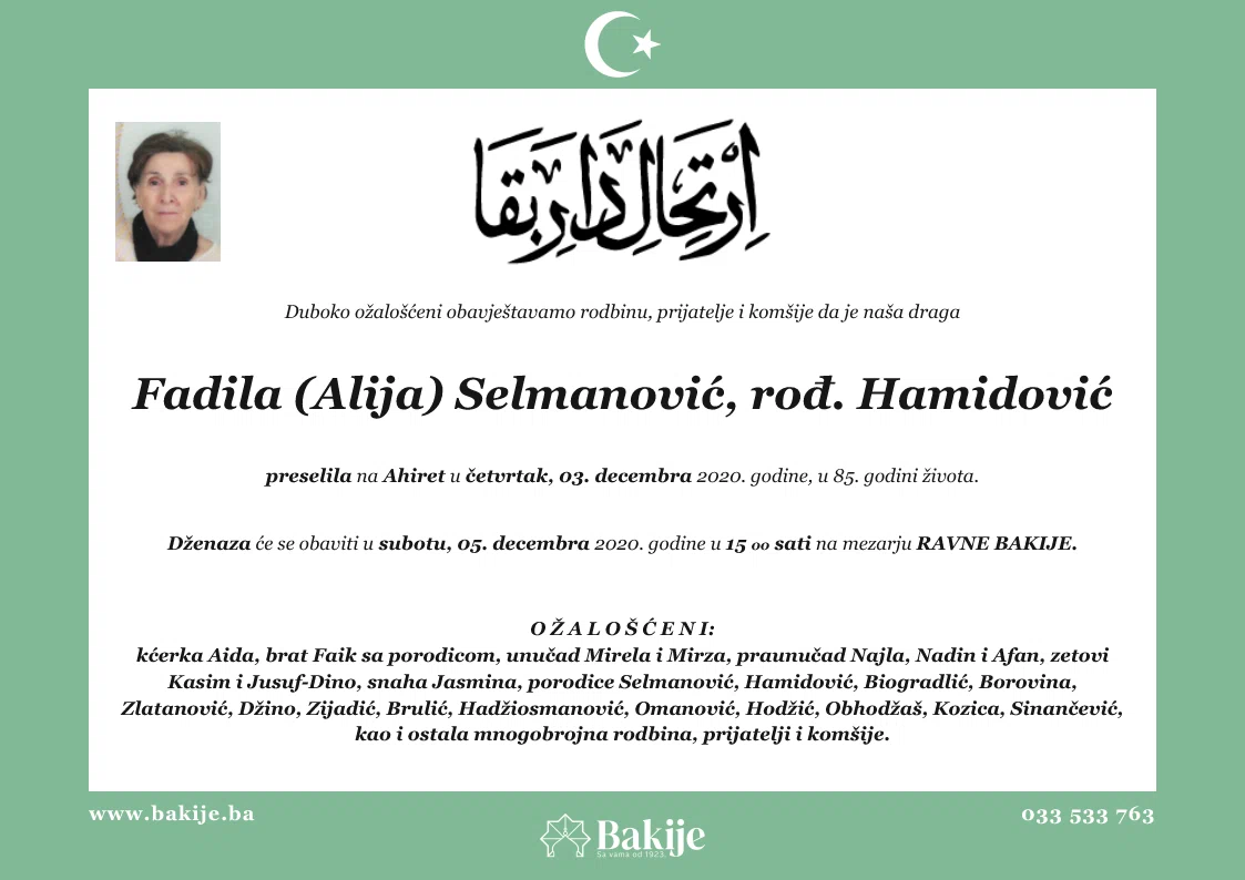Smrtovnica — Fadila (Alija) Selmanović, rođ. Hamidović