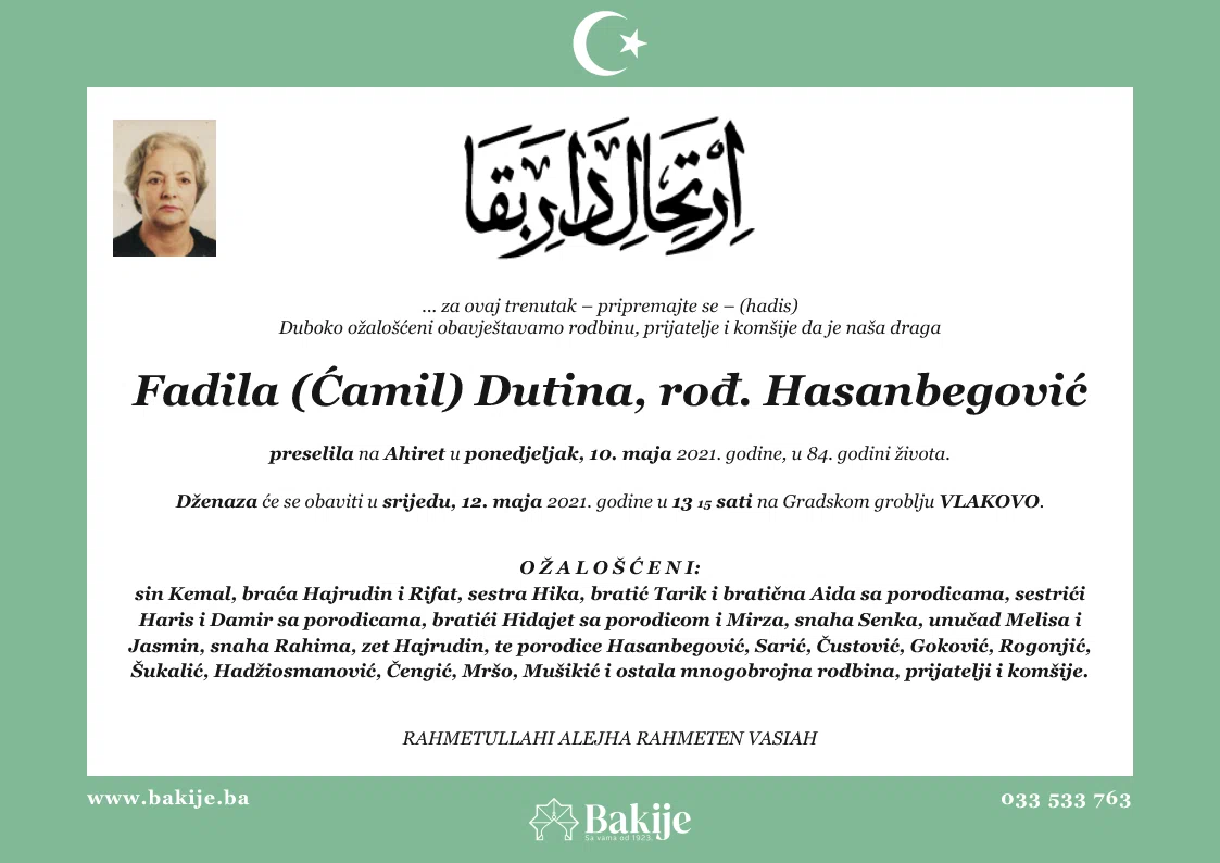 Smrtovnica — Fadila (Ćamil) Dutina, rođ. Hasanbegović