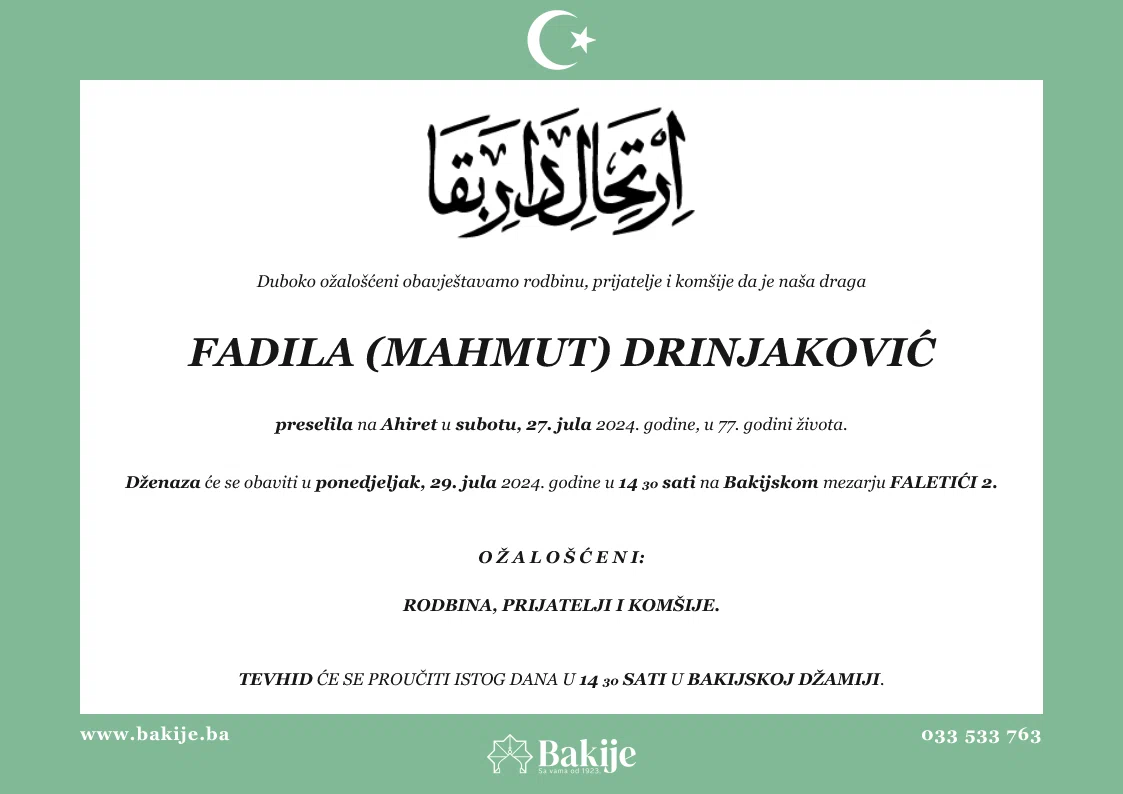 Smrtovnica — Fadila (Mahmut) Drinjaković