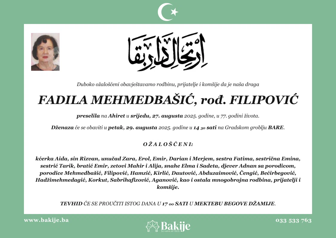 Smrtovnica — Fadila Mehmedbašić, rođ. Filipović